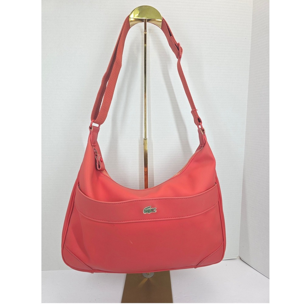 Lacoste Red Pique Canvas Hobo Shoulder Bag Adjustable Strap Crocodile Logo